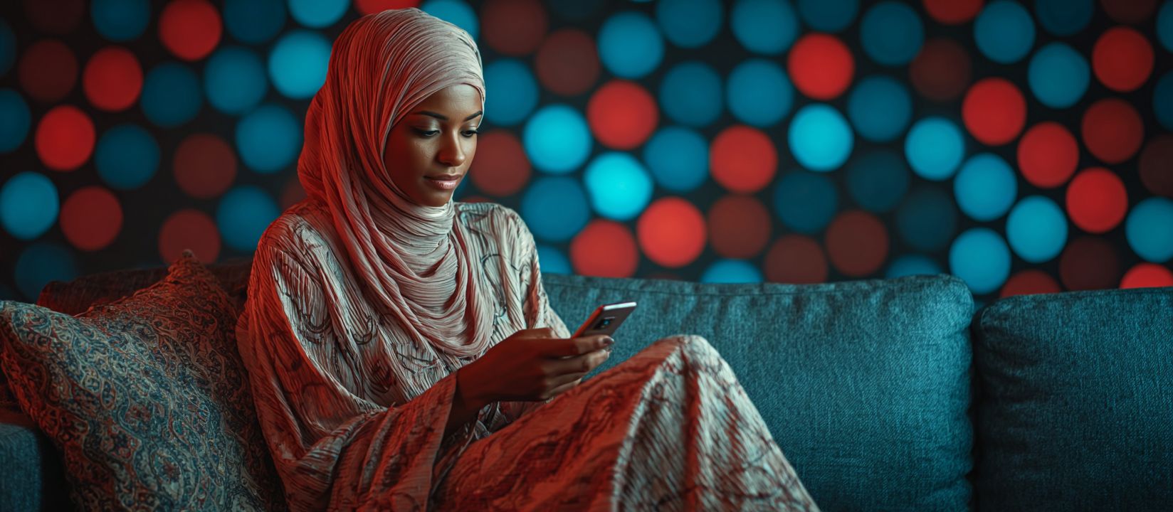 Download the 1423BET app and play anywhere! Woman enjoying 1423BET Casino mobile app on smartphone at night