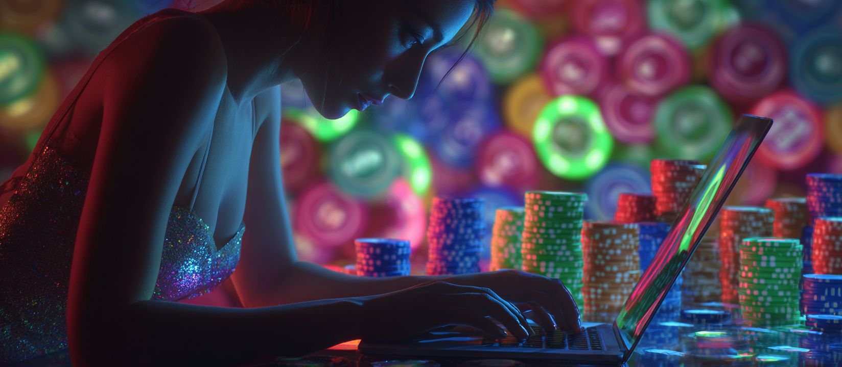 Discover exciting casino games at 1423BET! Man playing online casino games at 1423BET surrounded by poker chips and cards