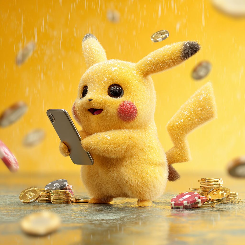 Download the 4999BET App and Win Big Today! Cute Pikachu holding a smartphone surrounded by golden coins and casino chips at 4999BET online casino