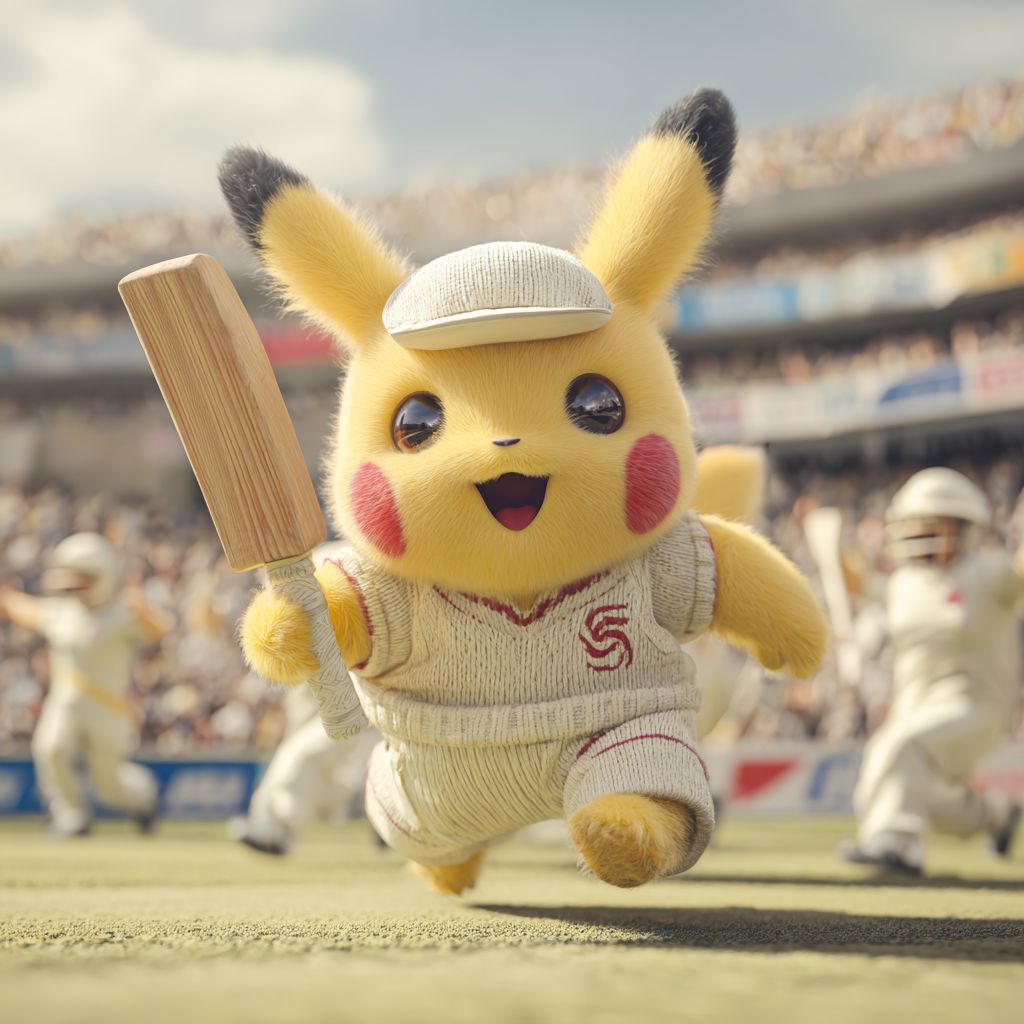Place Your Winning Bets Now at 4999BET! Happy Pikachu in cricket uniform with a bat celebrating victory at 4999BET sports betting