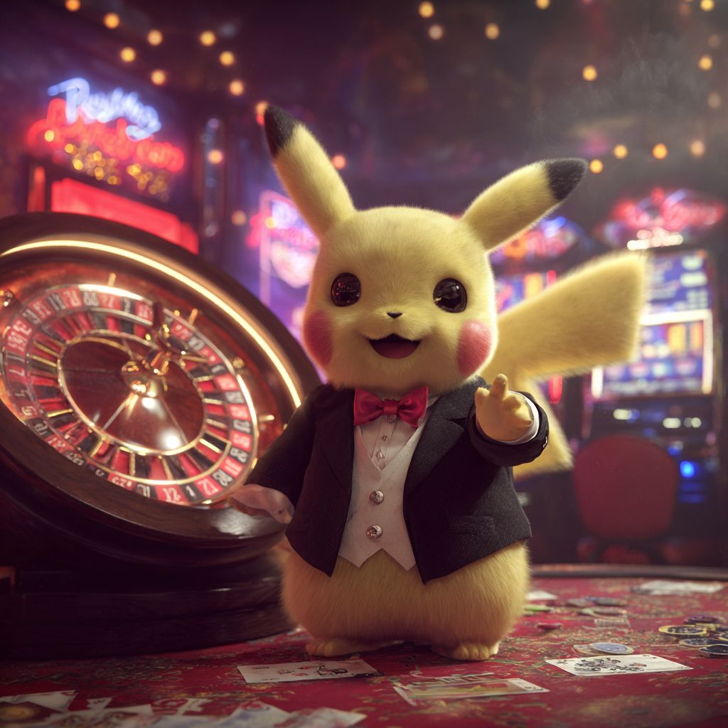 Play Live Casino Games at 4999BET! Pikachu in a tuxedo standing by a roulette table in the glamorous 4999BET online casino