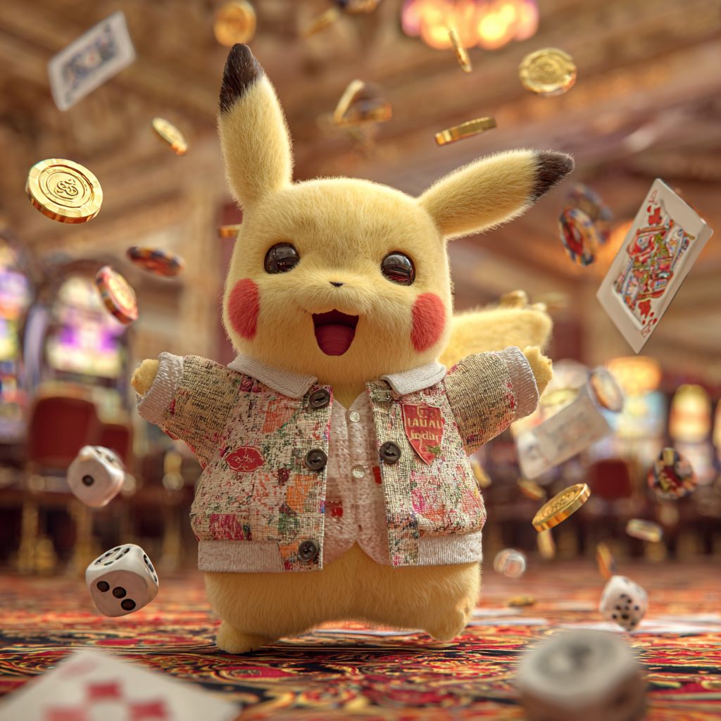 Discover Exciting Casino Games at 4999BET! Joyful Pikachu with playing cards, dice, and golden coins flying at 4999BET casino games