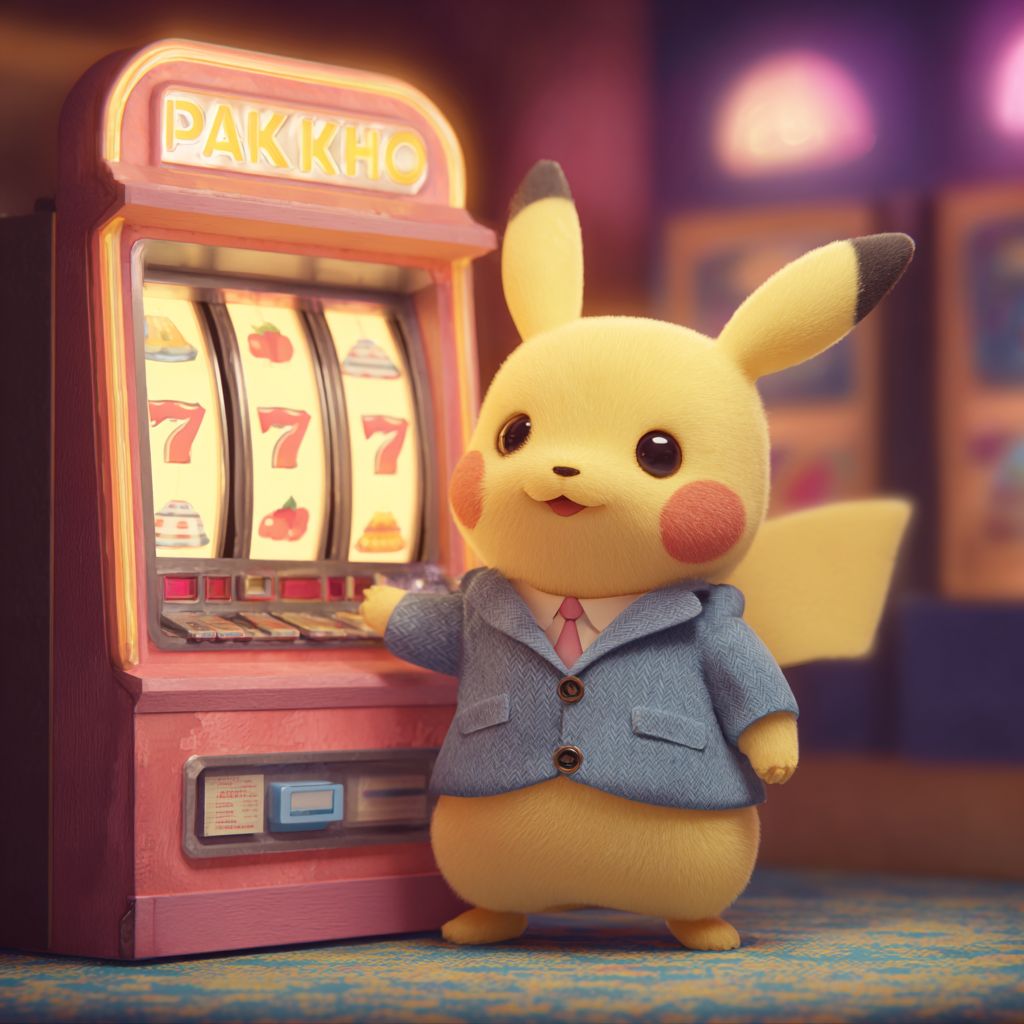 Spin the Reels and Win Jackpots at 4999BET Slots! Pikachu in a suit standing next to a slot machine with lucky 777 at 4999BET