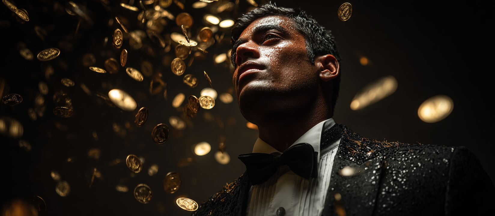 Elegant man in tuxedo looking up while golden coins rain down at 4999BET online casino
